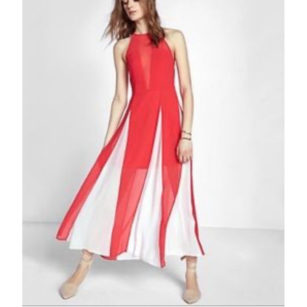 NEW EXPRESS long Red Sheer Gown Dress Women 8 Halter Neck Chiffon Maxi Open Back